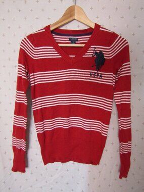US Polo Assn (USPA) Red White Striped V-Neck Sweater Girl's Size Medium